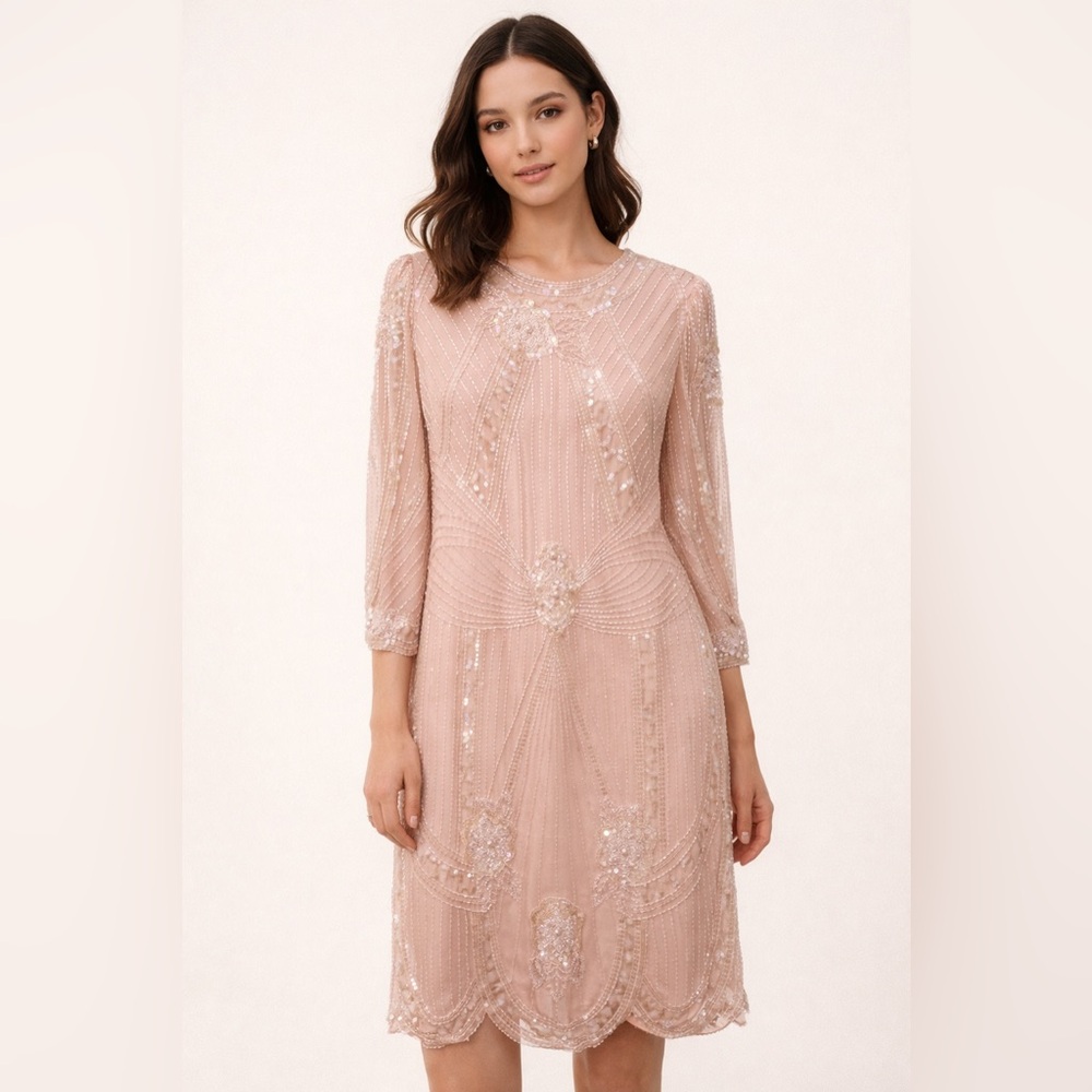 Swee Lo Vintage Pink Sequin Beaded Scallop Hem Midi Dress Sz. 10